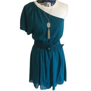 Alice +Olivia | Teal One Shoulder Silk Dress Med